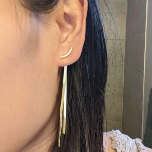 New Small 14KGP Curved Bar Herringbone Dangle Strands/ Arc Chain Tassel Earrings - Picture 14 of 16